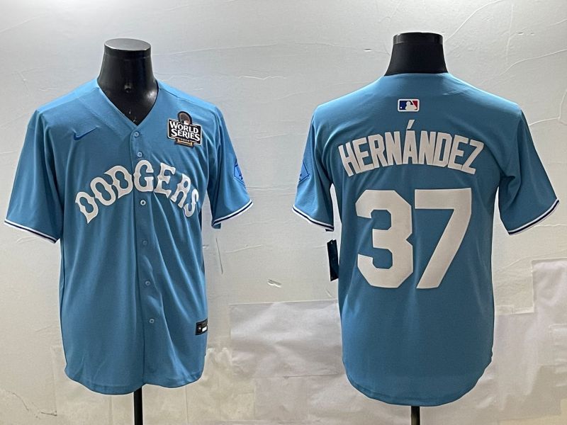 Men Los Angeles Dodgers #37 Hernandez Light Blue Joint Name 2025 Nike MLB Jersey style 16